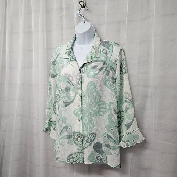 Alfred Dunner Blouse Green White Butterfly Ruffle Sheer Fairy 14 - Picture 6 of 12